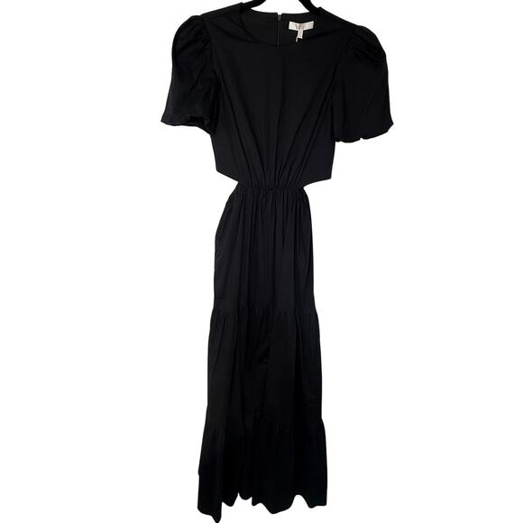 NEW WAYF Maxi Dress Women XS Black Tiered Cutout Puff Sleeve Cottage Minimalist - Picture 5 of 11